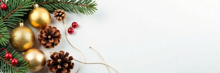 Golden Ornaments and Pinecones on White Surface, pinecones, ornaments, christmas