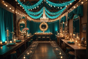 Fototapeta premium Enchanting Teal and Gold Dreamy Space with Sparkling Lights