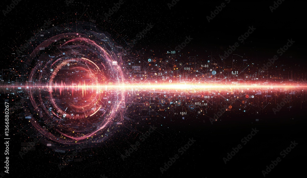 Poster futuristic digital art showing colorful sound waves and abstract designs. themes of technology, data