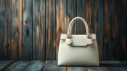 A modern white leather handbag with a structured silhouette displayed on dark rustic wooden planks.