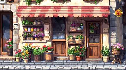 Fototapeta premium Charming Storefront with Flowers in Pots on Cobblestone Street with Red Striped Awning and Wooden Door in Vintage Building