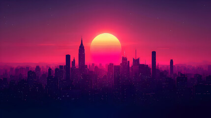 Cityscape Silhouette Under A Vibrant Pixelated Sunset in Purple Sky with Glowing Sun and Retro City Architecture in Digital Art Style