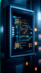 Fototapeta premium A futuristic digital display featuring intricate circuit patterns and glowing elements, set against a sleek, technology-inspired background.
