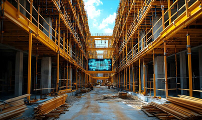 Modern Construction Site with Yellow Scaffolding and Digital Screen