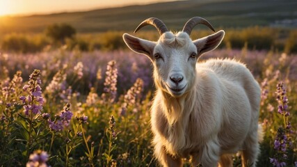 Obraz premium Goat Standing in Flower Field During Golden Hour Sunlight Glow