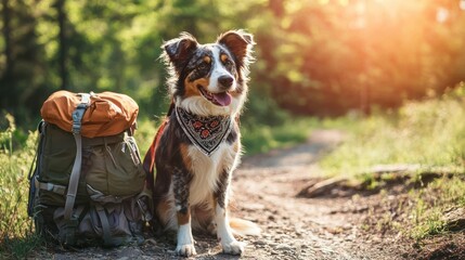 A dog wearing a bandana, sitting beside a backpack on a hiking trail.