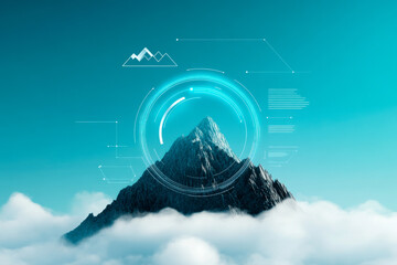 A futuristic mountain scene featuring digital overlays, set against a bright blue sky with clouds, blending nature and technology.