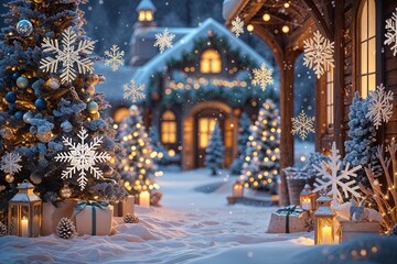 Fototapeta premium Charming Winter Decor Featuring Magical Snowflakes and Joyful Holiday Scenes