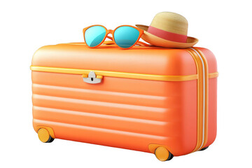 Illustration of Orange Suitcase With Sunglasses and Hat on Transparent Background