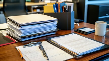 A modern office desk setup with a clean, organized arrangement of documents, file folders, and a coffee mug.