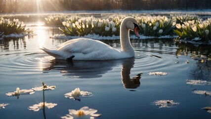 Fototapeta premium Swan Swimming in a Peaceful Lake with Lily Pads and Sunlight