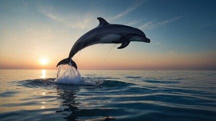 Dolphin Jumping from Water at Sunset with Dramatic Sky Colors
