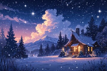 Naklejka premium Enchanting Twilight Landscape with Celestial Snowflakes and Exquisite Illustrations