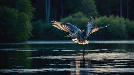Great Blue Heron Landing on Water with Wings Spread Wide