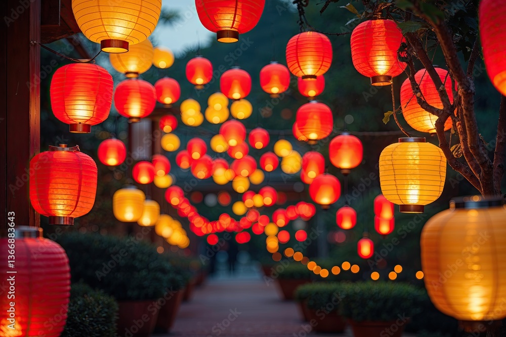 Poster captivating display of illuminated lanterns in red and yellow radiating warm glow