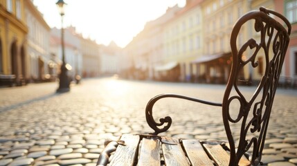 European City Street Scene, Empty Bench