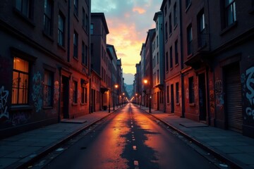 Fototapeta premium Muted city streets at dusk with graffiti and broken windows , decay, urban decay, gloomy