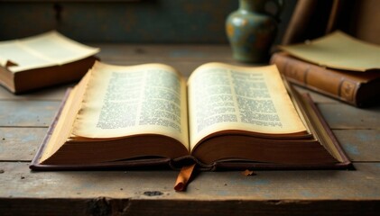 Obraz premium Old wooden table with open book pages revealing yellowed parchment and scattered notes, cluttered, antique, wooden table