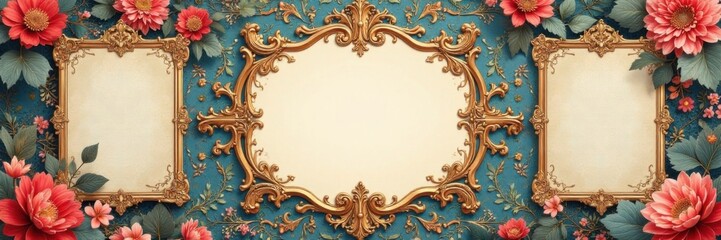 Ornate damask background with vintage frames in a floral pattern, antique, classic, damask
