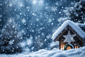 Naklejka premium Winter Wonderland Background Featuring Blurred Blue Snowflakes and Festive Holiday Decor