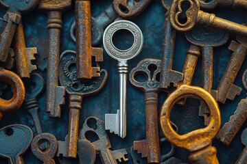 Silver key among rusty vintage antique keys symbolizing uniqueness, success, leadership, opportunity, standout potential, value, and personal growth in a conceptual metaphor on contrast and choice
