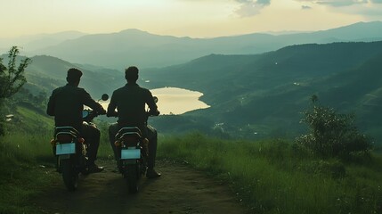 Two motorcyclists riding on a winding mountain road surrounded by lush green hills and a picturesque valley in the distance embarking on an adventurous journey through the scenic countryside