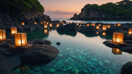 Illuminated Lanterns Glow on Rocky Shoreline with Clear Turquoise Water