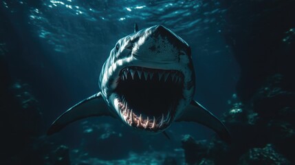 Fototapeta premium A shark with its jaws wide open swims menacingly toward the camera, showcasing its deadly teeth.