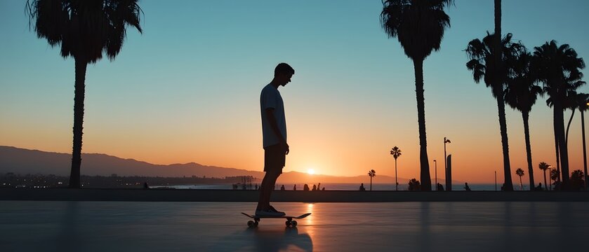 Solitary silhouetted figure on a skateboard against the backdrop of a serene urban sunset and palm trees