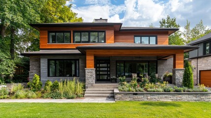 A modern family home with a spacious front porch and professional landscaping.