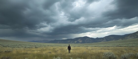 A solitary person walks through a vast open field under a dramatic stormy sky with ominous clouds looming over the distant mountains