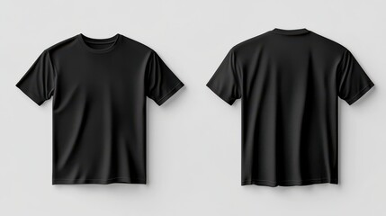 A blank black male T-shirt, with front and back views shown, isolated for design presentation, with a clean, neutral backdrop.