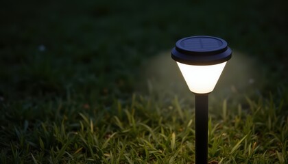Solar Garden Light Illuminating Grass at Twilight in Outdoor Setting