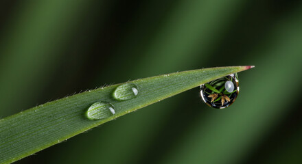 Fototapeta premium Dew drops on leaf tip concept, serene macro nature reflection, clear water droplets