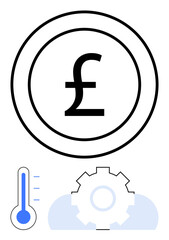 Pound surrounded by a coin outline symbolizing money, paired with a gear and thermometer hinting at economic mechanisms, fluctuation, and control. Ideal for finance, savings, investment, currency