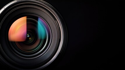 A close-up view of a camera lens on a black background, great for photography and tech-related concepts.