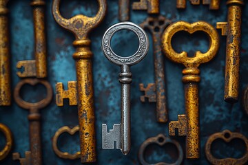 Silver key among rusty vintage antique keys symbolizing uniqueness, success, leadership, opportunity, standout potential, value, and personal growth in a conceptual metaphor on contrast and choice
