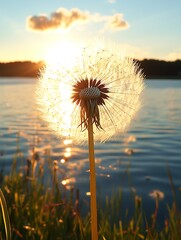 Sunset dandelion seed head by lake.