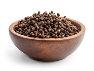 A finely crafted wooden bowl filled with whole clove spices, isolated on a white background with a clipping path.