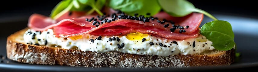 Fototapeta premium Delicious open-faced sandwich with egg, meat, and greens.