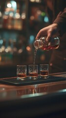 A skilled bartender carefully pours premium liquor into elegant shot glasses as the contemporary lighting creates a warm inviting atmosphere in the dimly lit bar setting