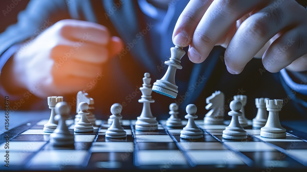 Aufkleber a close up view of a person s hands strategically moving a chess piece on a chessboard during an int