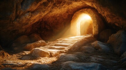 Angel rolled Jesus tomb stone away, first moment of Jesus resurrection, he is risen.