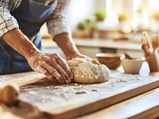 A bakers hands kneading dough on the table.