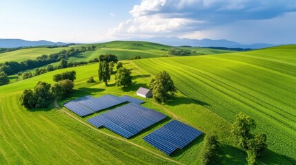 Earth Day  sustainability restoration Aerial view of solar panels in a green landscape under a cloudy sky.