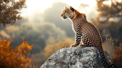 A solitary leopard perches on a sunlit rock, its sharp eyes scanning the horizon for potential prey, embodying grace and strength.