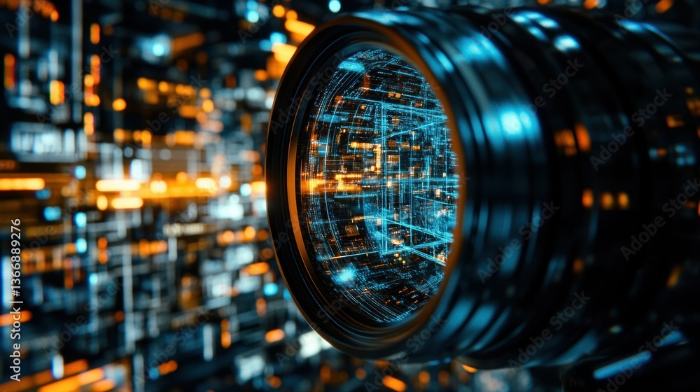 Poster abstract close-up of camera lens with futuristic technology background