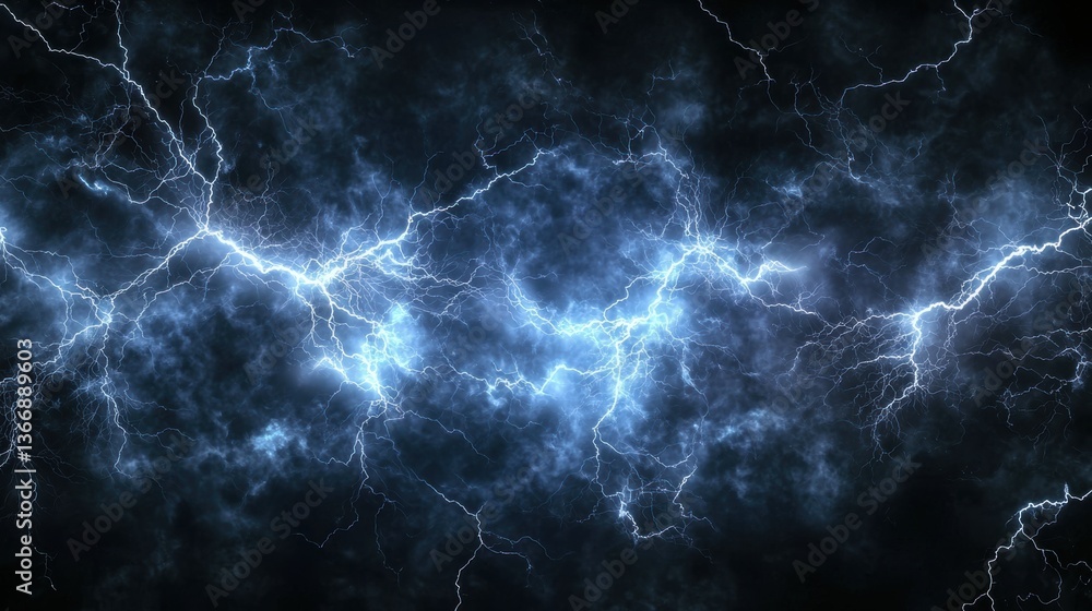 Poster a scene full of lightning and electric rays isolated on a empty plain clean black background.