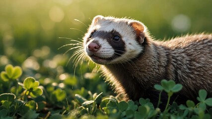 Fototapeta premium Ferret Posing in a Lush Green Clover Patch Outdoors