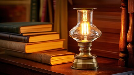 Warm Light Lamp Beside Books on Wooden Shelf